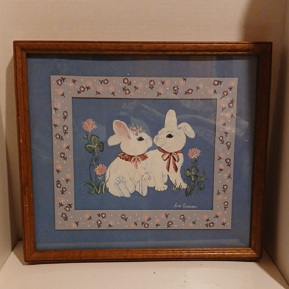 Vintage 80s Home Interiors Framed Bunny Art By Ava Freeman in Blue and Brown